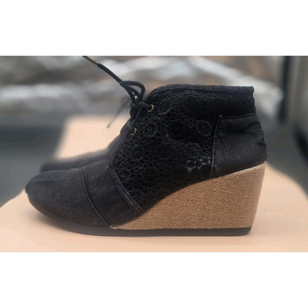Skechers Bobs Women's Boots Size 8.5 Black Textile Lace Up Wedge Ankle Shoes